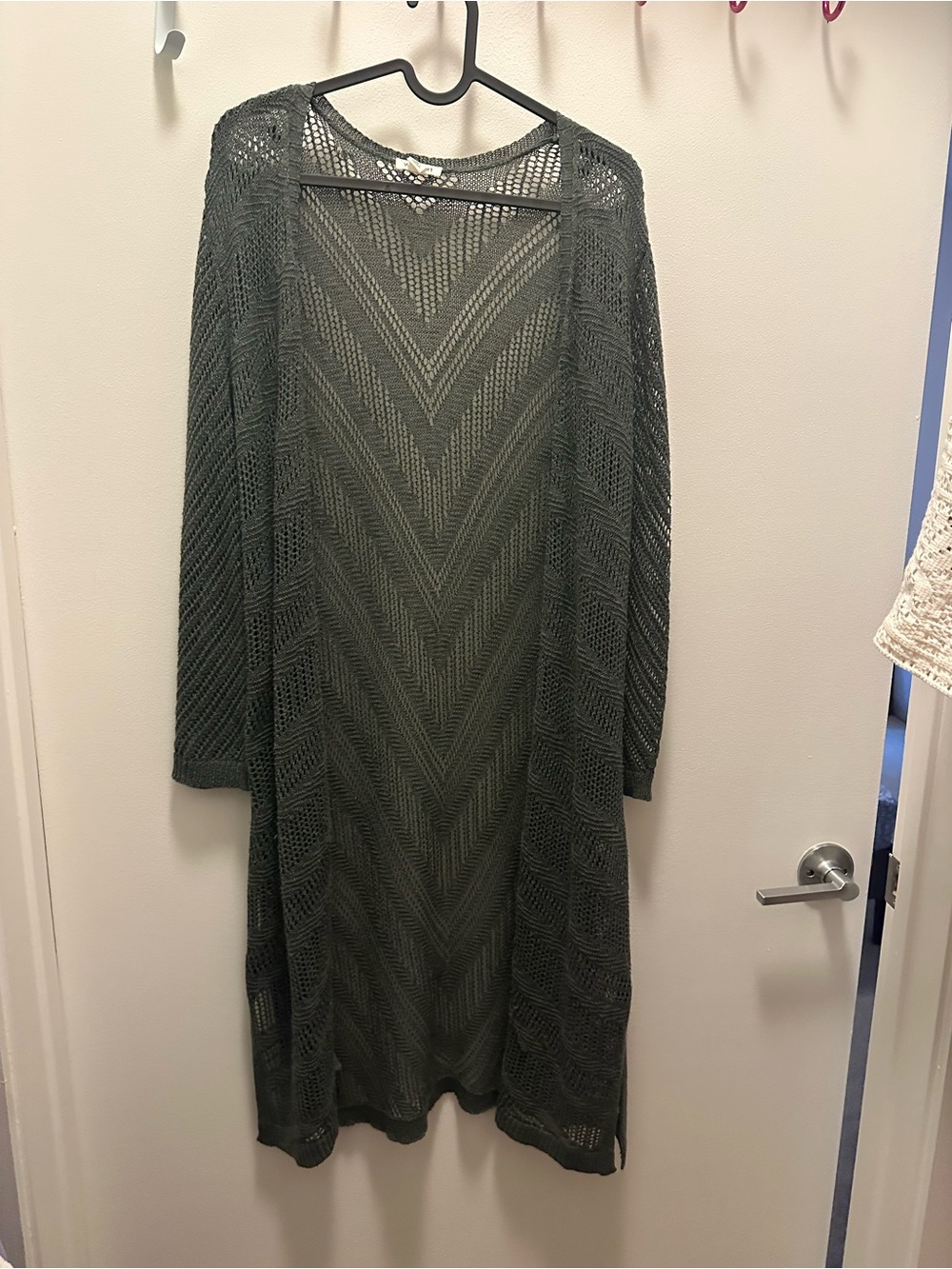 Open-Knit Long Cardigan Sweater - Olive Green